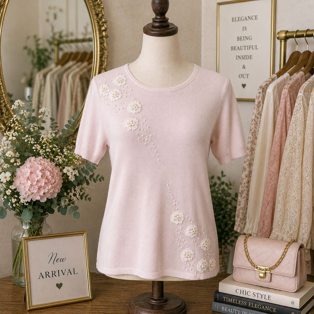 Vintage Women's Boho Floral Lace Pink Summer Top Plus Size L Formal Blouse